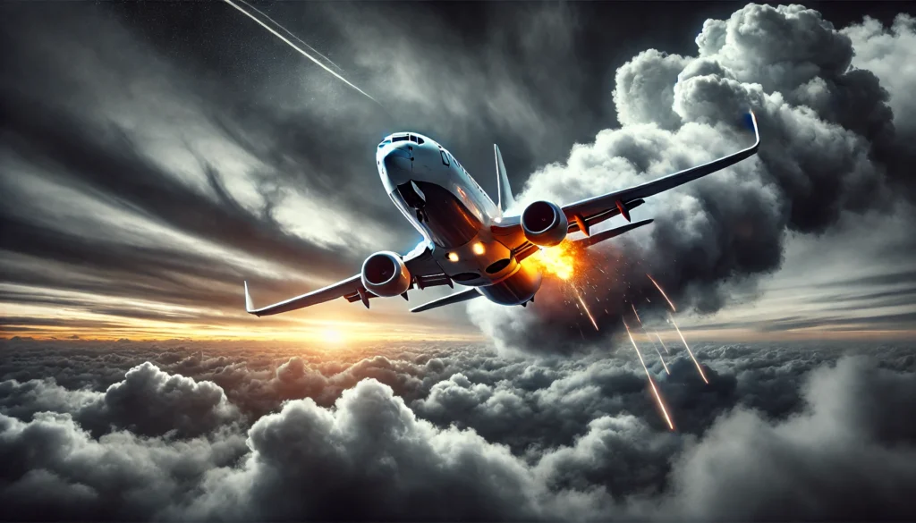 DALL·E 2024 12 29 13.49.09 A dramatic and realistic depiction of a Boeing 737 airplane in a catastrophic situation with smoke and fire emerging from one of the engines set aga
