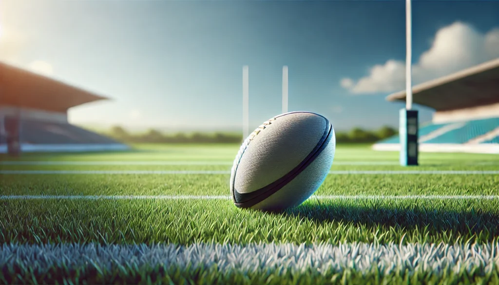 DALL·E 2025 03 18 14.59.19 A realistic image of a rugby ball on a grassy field under clear blue skies. The rugby ball is in focus placed on the ground with a soft light castin