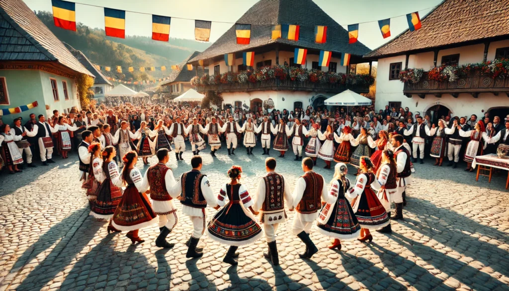 DALL·E 2025 01 24 11.41.30 A festive scene of Romanian people dancing the traditional Hora Unirii in a celebratory circle. The group consists of men and women wearing traditio