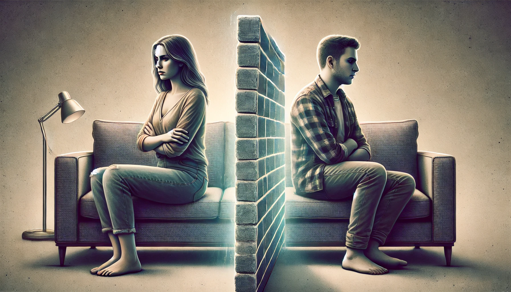 DALL·E 2025 02 08 21.18.11 A conceptual illustration representing stonewalling in relationships. The image shows a couple sitting on opposite sides of a couch facing away fro