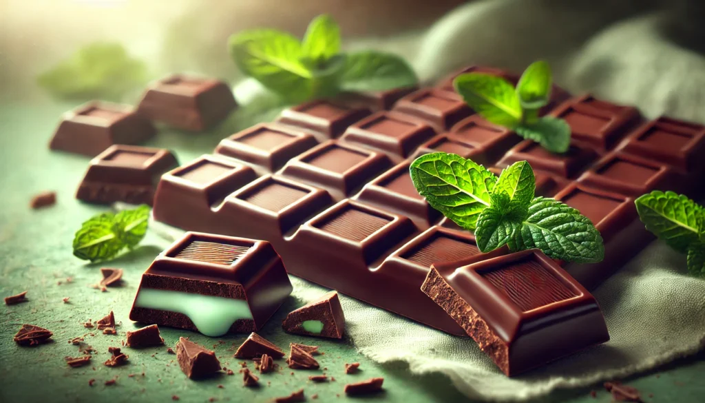DALL·E 2025 02 19 11.11.32 A delicious scene featuring a 16 9 aspect ratio image of mint chocolate. The image shows several pieces of mint chocolate bars some broken in half re