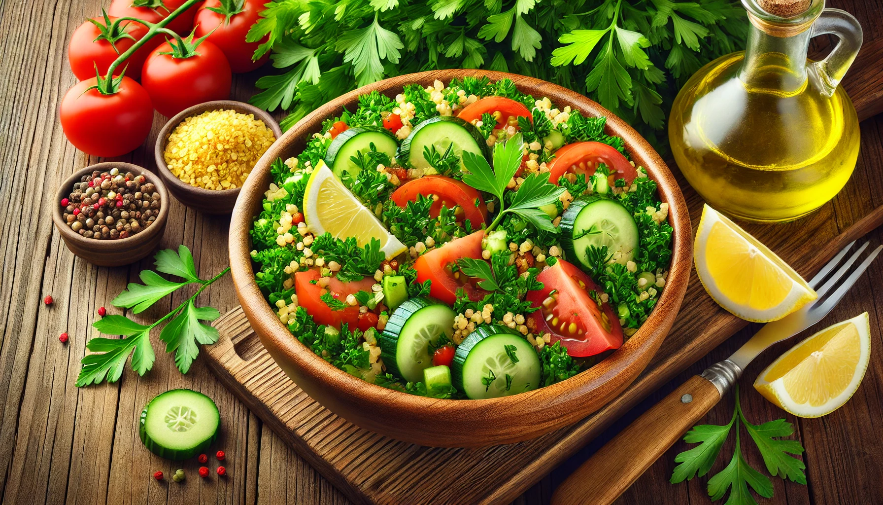 DALL·E 2025 02 24 20.30.28 A fresh and vibrant 16 9 illustration of a parsley salad in a wooden bowl. The salad is rich in finely chopped parsley tomatoes cucumbers and bulgu