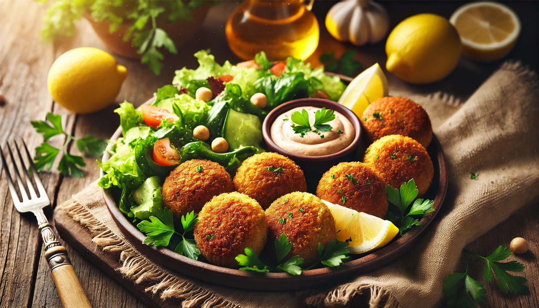 Chifteluțe de năut – Delicioase și perfecte pentru post! 3 DALL·E 2025 03 18 14.00.04 A beautifully arranged plate of crispy chickpea falafel chiftelute de naut served with fresh salad lemon wedges and a small bowl of dipping sauce
