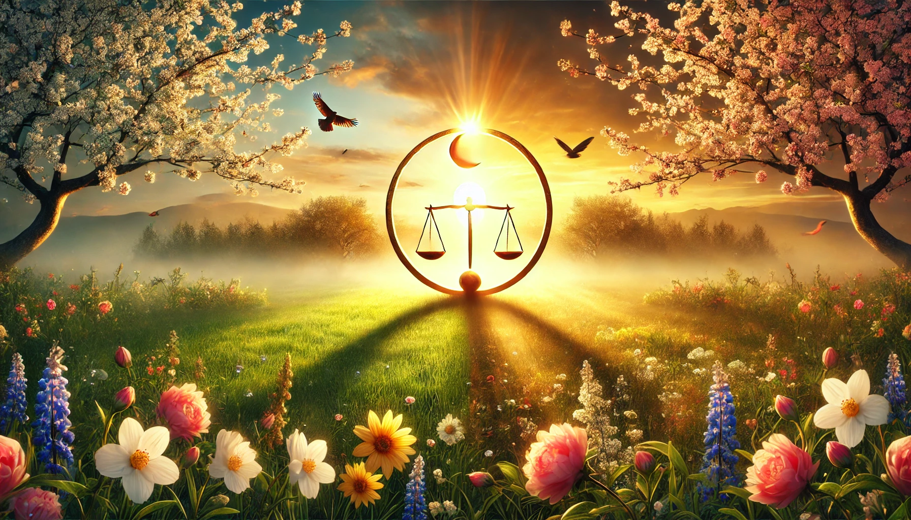 DALL·E 2025 03 20 19.03.55 A beautiful spring equinox scene with the sun rising perfectly over the horizon casting golden light on blooming flowers and lush green fields. A bal