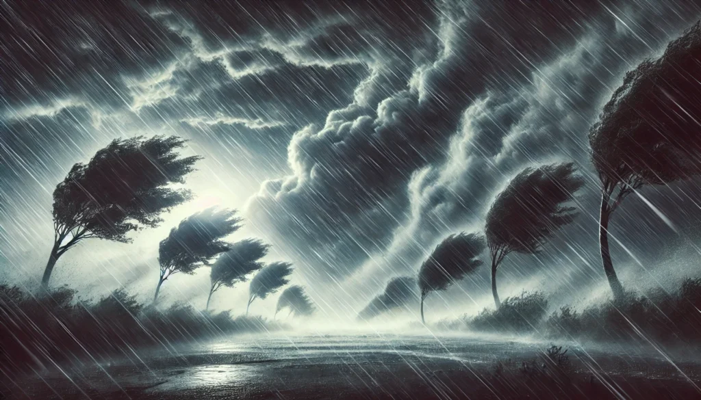 DALL·E 2025 03 26 23.35.01 A stormy weather scene with heavy rain and strong winds. Dark clouds fill the sky as trees bend under the force of the wind. Rain is pouring down cre