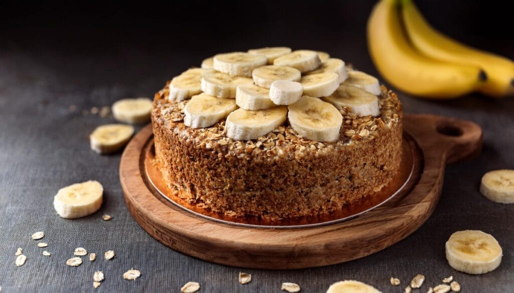 Firefly a cake with oat and bananas slices on the dark gray background 38681