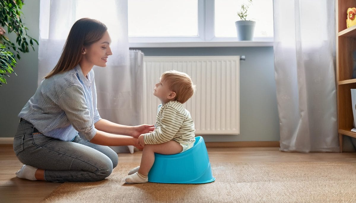 Cum îi învățăm pe copii la oliță? Sfaturi esențiale pentru părinți 4 Firefly a child sitting on the potty and looking at his mother play with baby toddler mom teaches