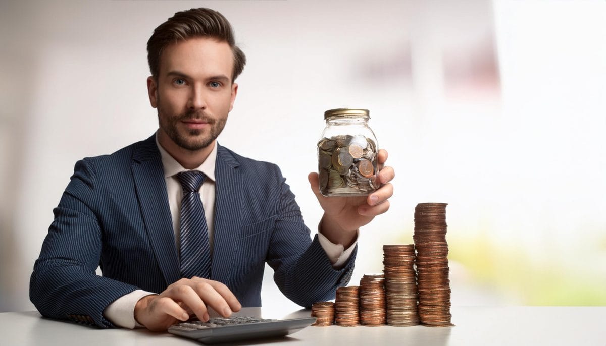 Firefly a image with a man who is calculating his income from the investment and savings 67153