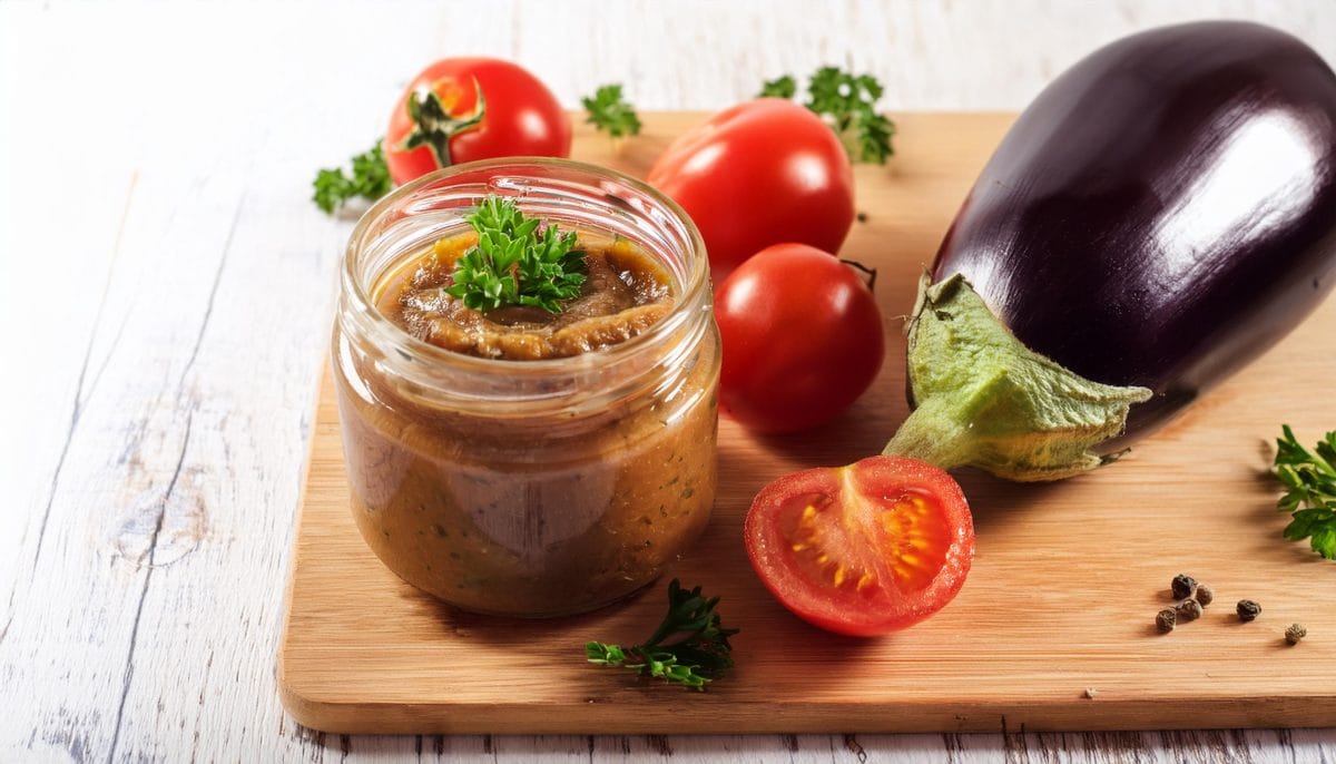 Zacusca - Mix De Culori Și Arome De Toamnă 2 Firefly a jar of aubergine spread and tomatoes on chopping board 63302