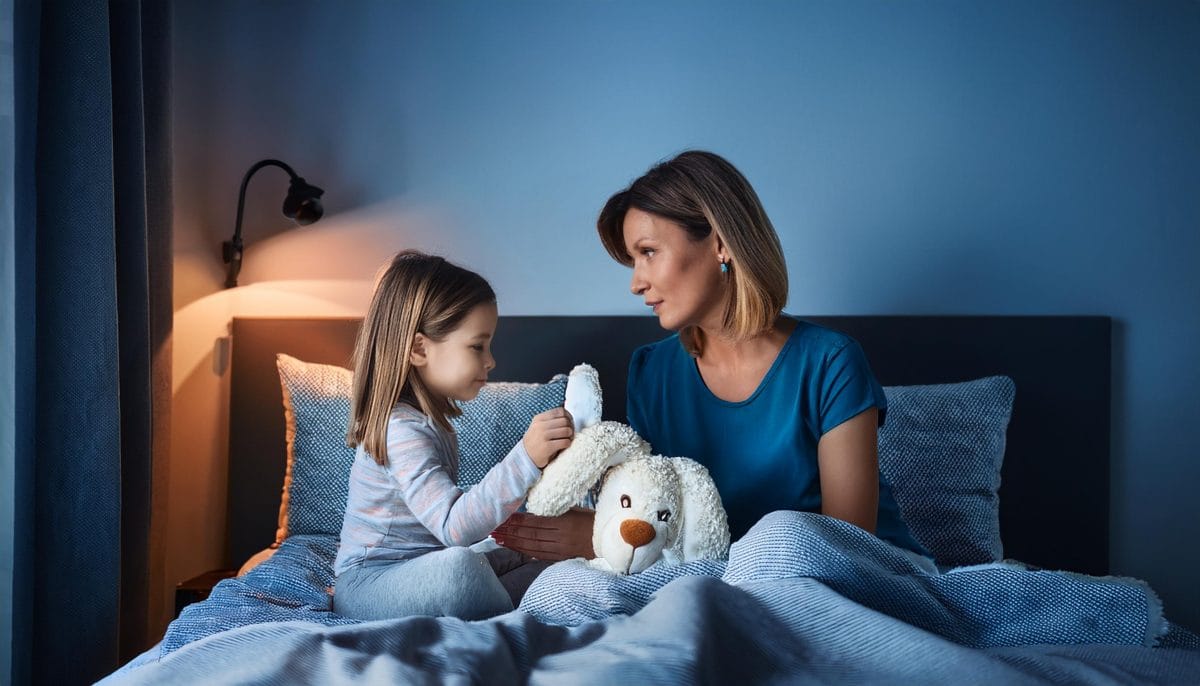 Firefly a mom and a kid in the bedroom mom telling her daughter to sleep the child is worried and