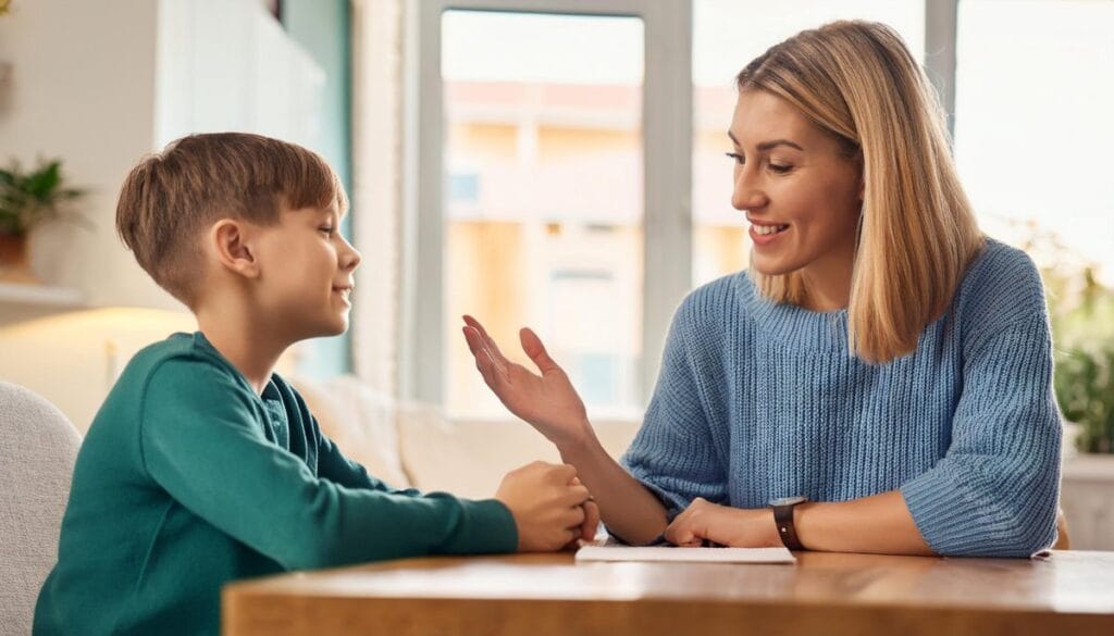 Firefly a mother talking to her child on how to behave himself both sitting at the table 96092