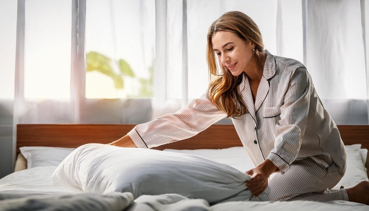 Firefly a person who arrange the bed in the morning portrait of woman wearing pyjamas 14540