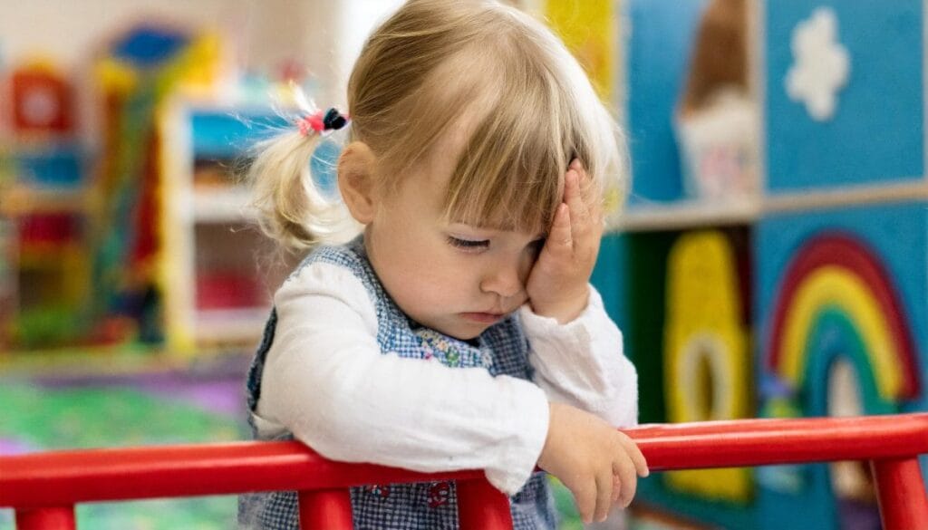 Firefly a photo with a toddler at the kindergarten looking for his mom he is sad and crying hand o
