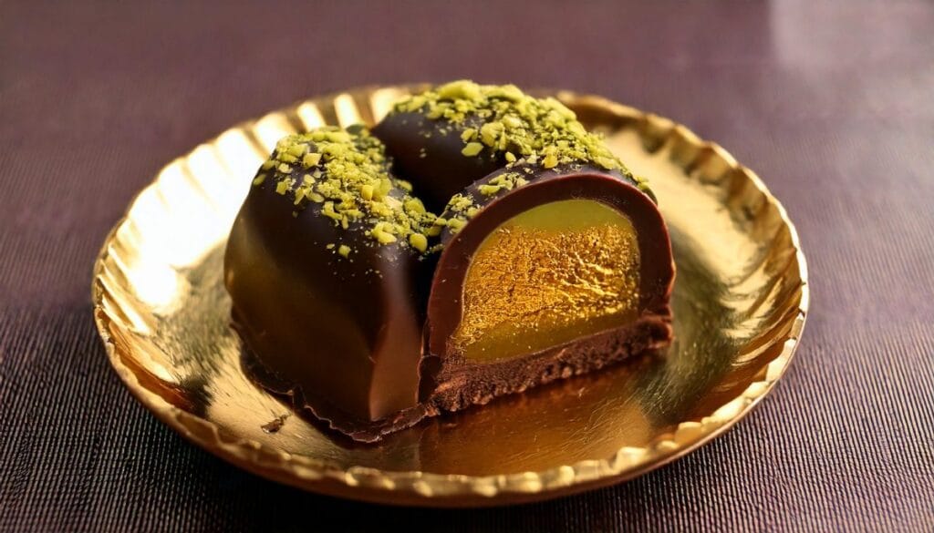 Firefly a picture of the famous Dubai chocolate dessert chocolate with pistachio filling and gold