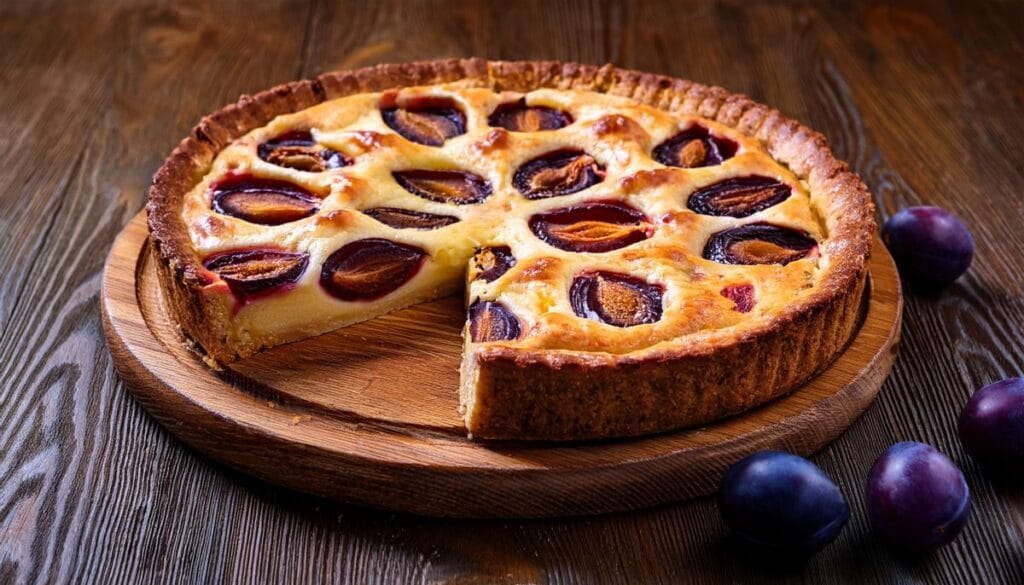 Firefly a pie with plums and cheese on wooden plate close up 72549