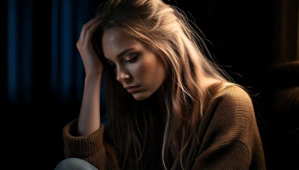 Firefly a sad woman sits in a dark room and holds her head in one hand 98760