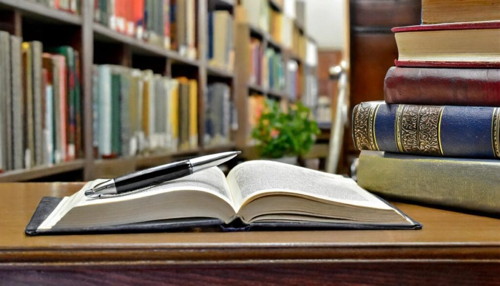 Firefly an image of a book and a pen in an office with a library of books an image representative