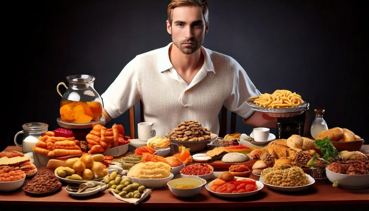 Indigestii de Sărbători: De ce Apar și Cum să le Prevenim și Tratamente Eficiente 8 Firefly an image of a man who has a full table of food 75048