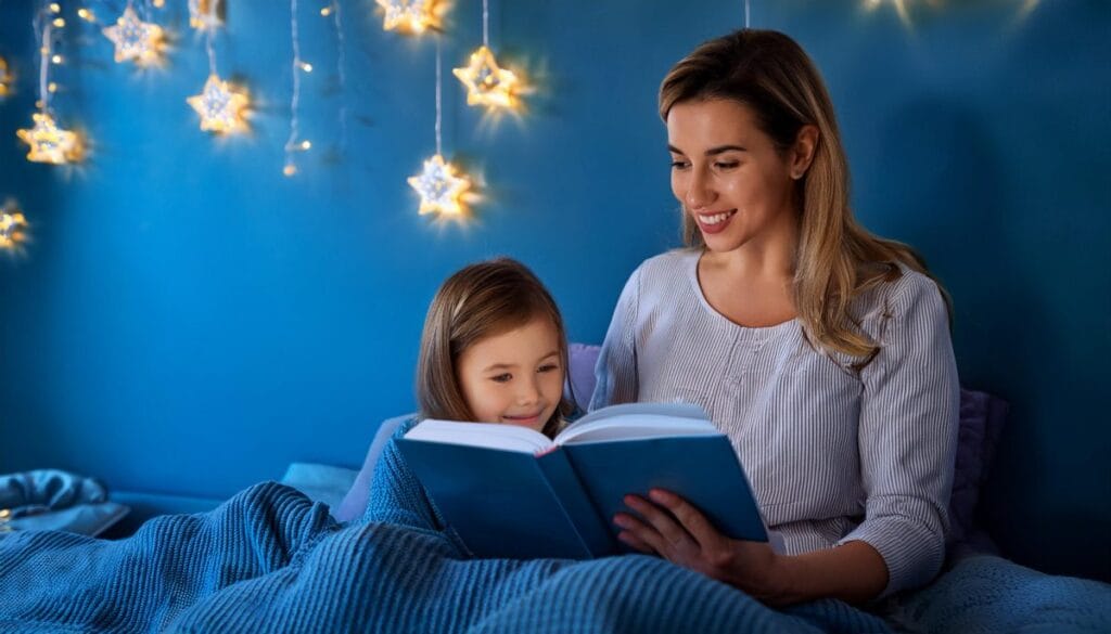 Firefly an image with a mom who is reading stories to her daughter bedtime night childhood educ