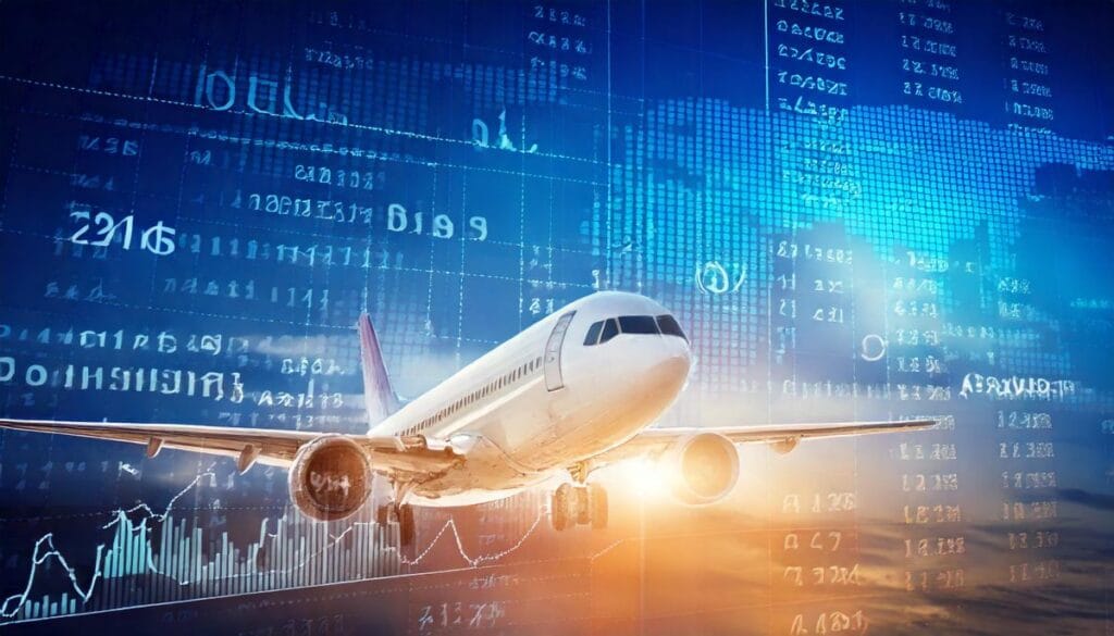 Firefly an image with an airplane in air and figures and economics labels on the background 24993