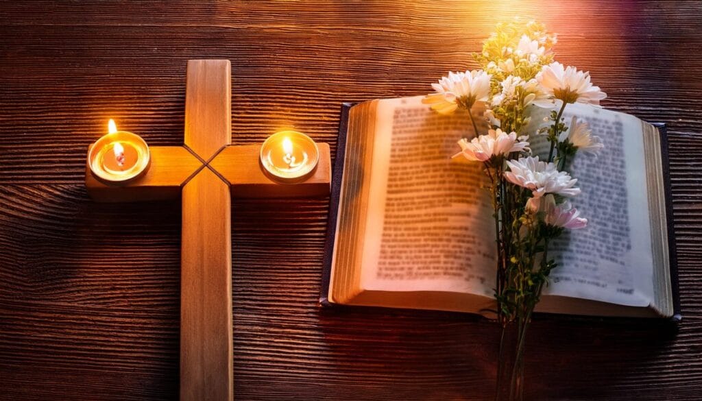 Firefly bible concept with candle light and flowers on wooden background 56111