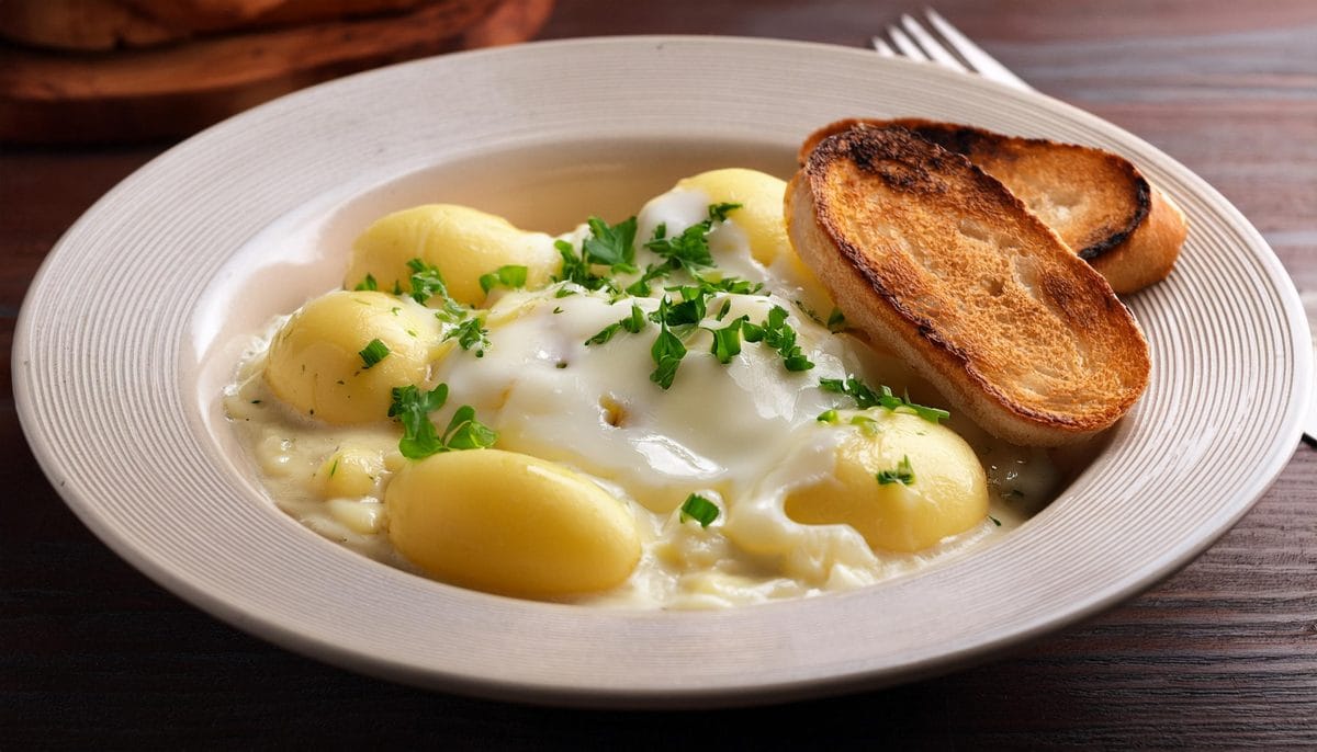 Firefly boiled potatoes eggs cream and cheese to create a creamy and hearty dish. meal served with