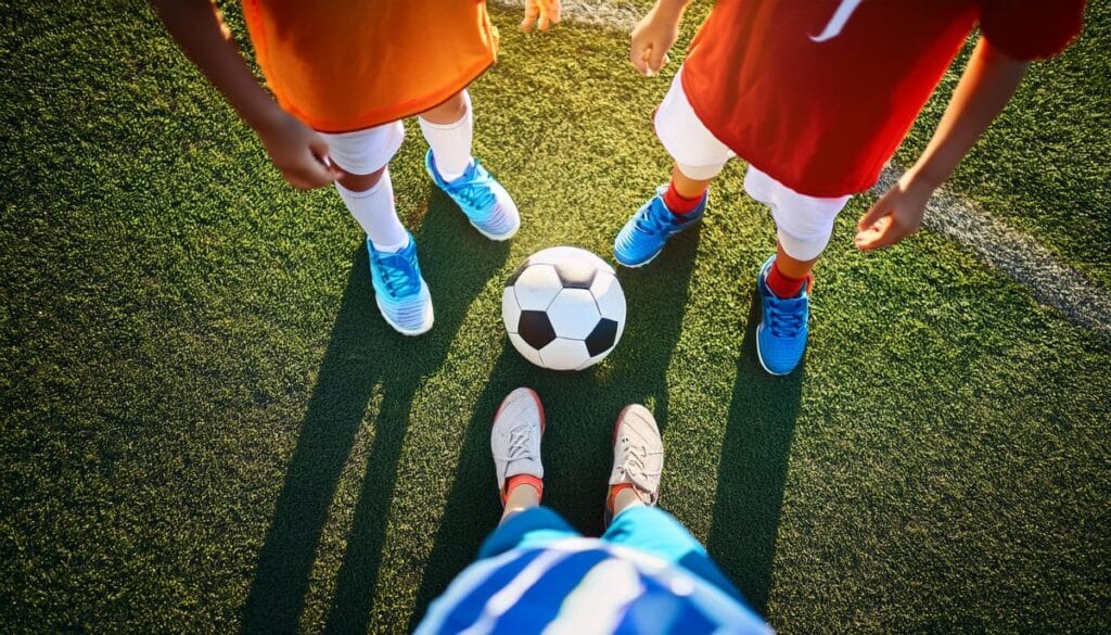 Firefly children doing sports on the soccer field view from above to legs and ball close up 4262