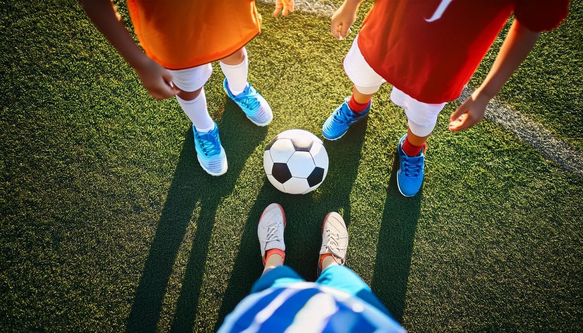 Sport de echipă sau individual? 14 Firefly children doing sports on the soccer field view from above to legs and ball close up 4262