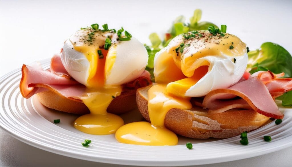 Firefly eggs benedict with ham and vegetables on a white plate 68132