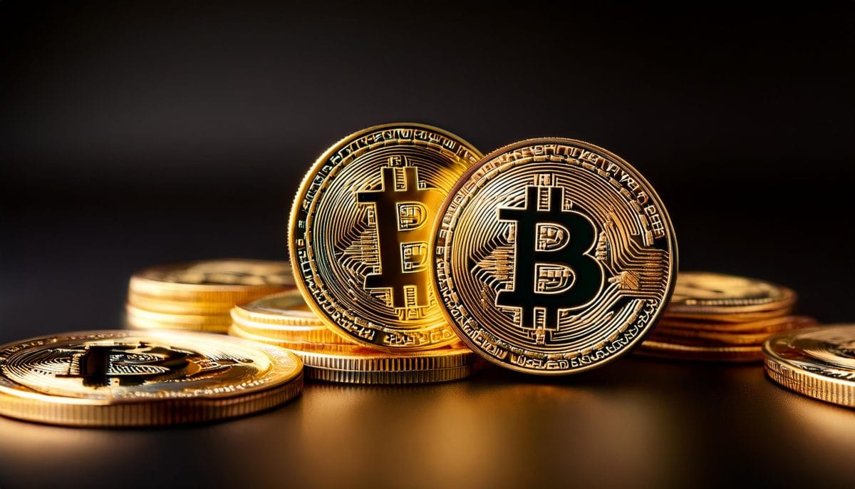 Firefly investment in cryptocurrency and blockchain golden bitcoins on black background 13659