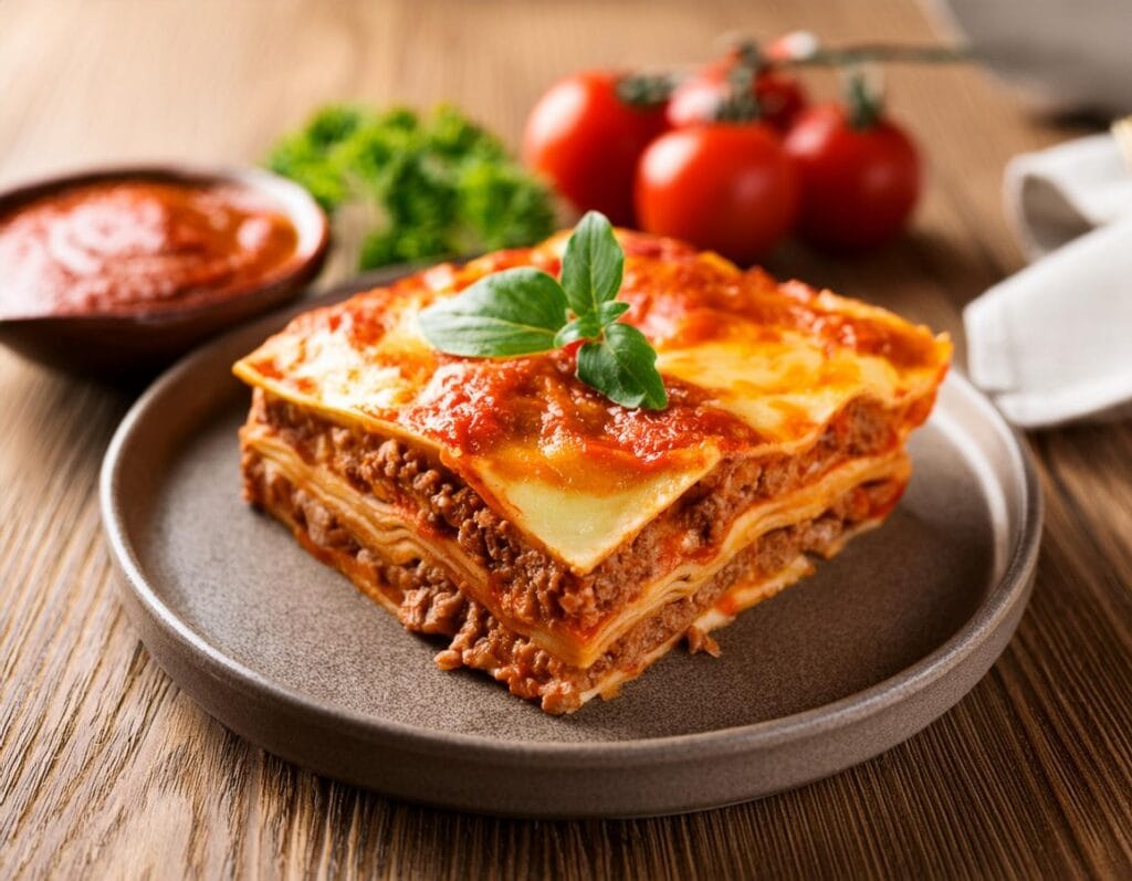 Firefly lasagna with minced meat and tomato sauce on wooden table healthy homemade food selective