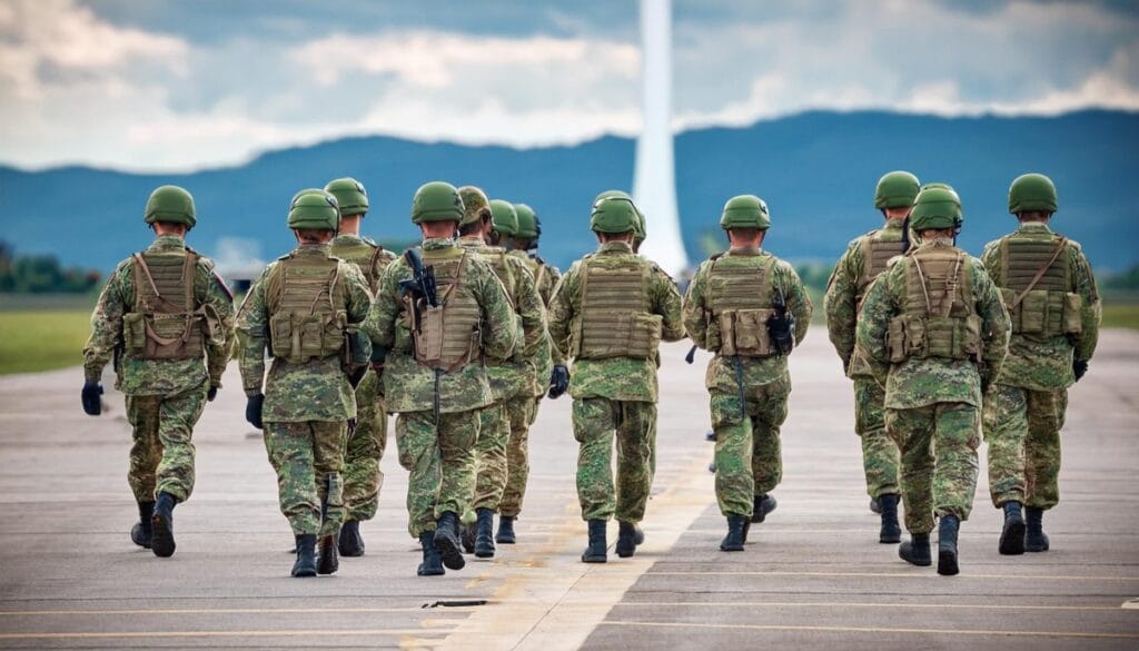 Soldați ai armatei sârbe în timpul unui exercițiu militar