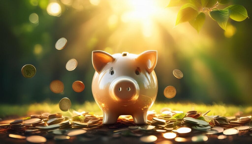 Firefly money energy and abundance concept piggy bank in the sunlight 16402