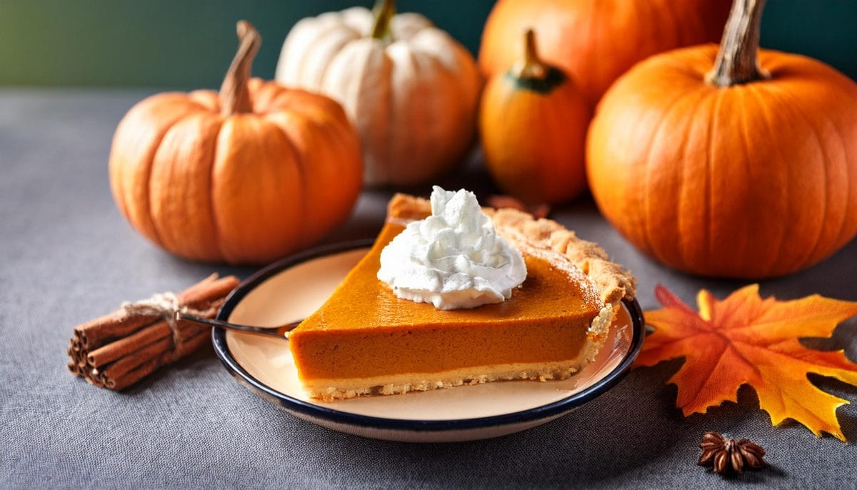Firefly pumpkin pie with whipped cream and pumpkins on a table 34049