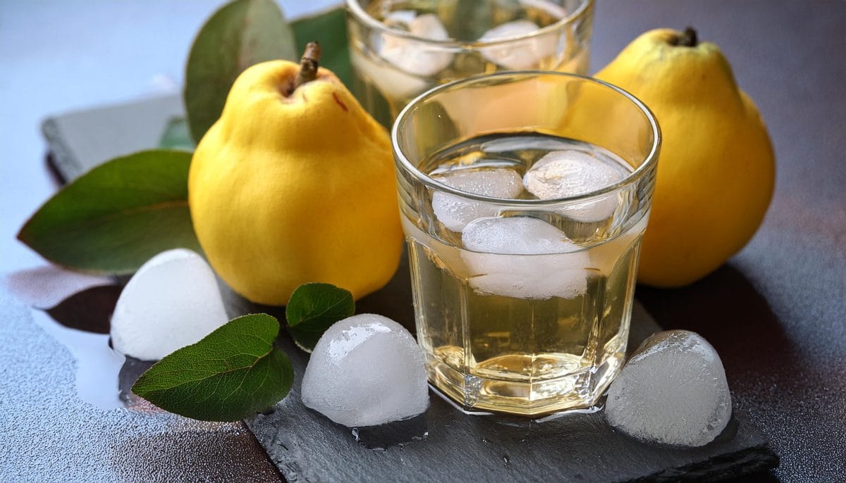 Lichiorul de Gutui - Gustul Auriu al Toamnei 3 Firefly quince liqueur with vodka and a glass with ice cubes 30856