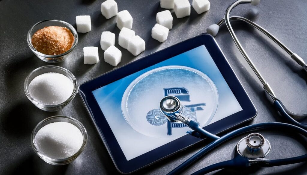 Firefly sugar and diabetes on a tablet next to a stethoscope 86531