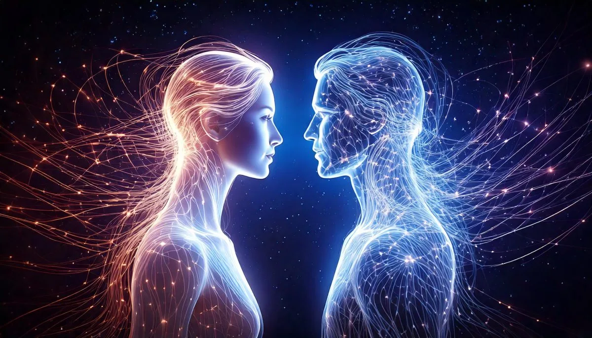 Firefly two translucent silhouettes a female and male attracted to each other connected by light