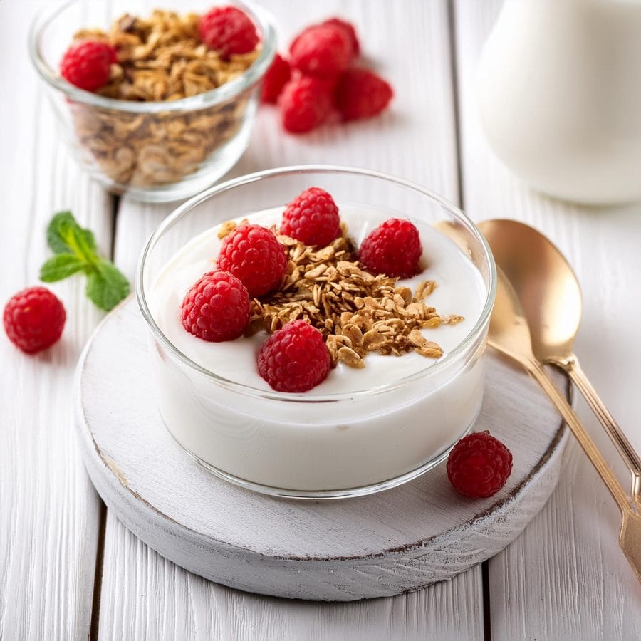 Cum Să Faci Iaurt de Casă? 9 Firefly yogurt with raspberries and granola on a white wooden table 71356