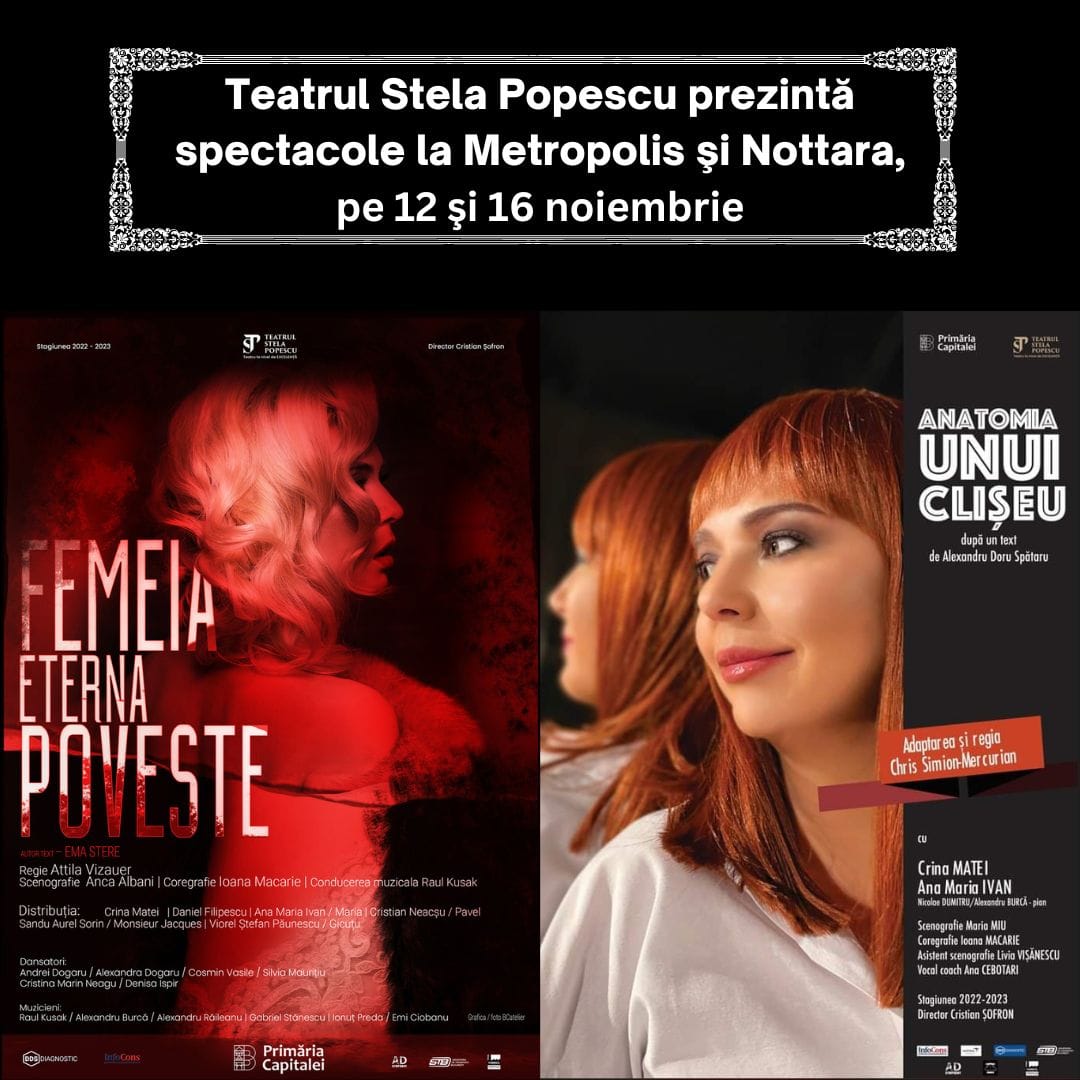 Spectacole de teatru la Metropolis şi Nottara, pe 12 şi 16 noiembrie 11 Teatrul Stela Popescu prezinta spectacole la Metropolis si Nottara pe 12 si 16 noiembrie