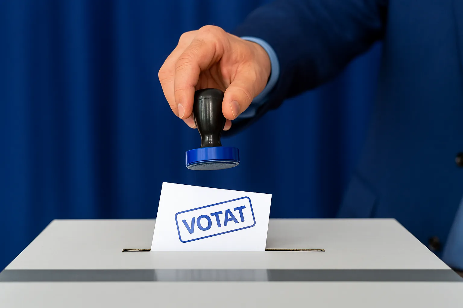 Guvernul a alocat 67,6 milioane de lei pentru alegerile din 7 decembrie 2025 9 Ștampilă de vot aplicată pe un buletin introdus în urnă, imagine simbol pentru alegerile locale parțiale din România 2025.