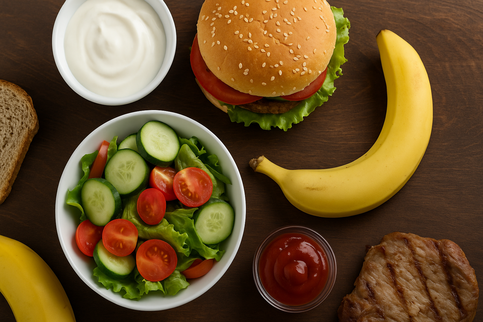 Combinații alimentare periculoase – exemplu de alimente greșit combinate precum carne, pâine, lactate și fructe, care afectează digestia.