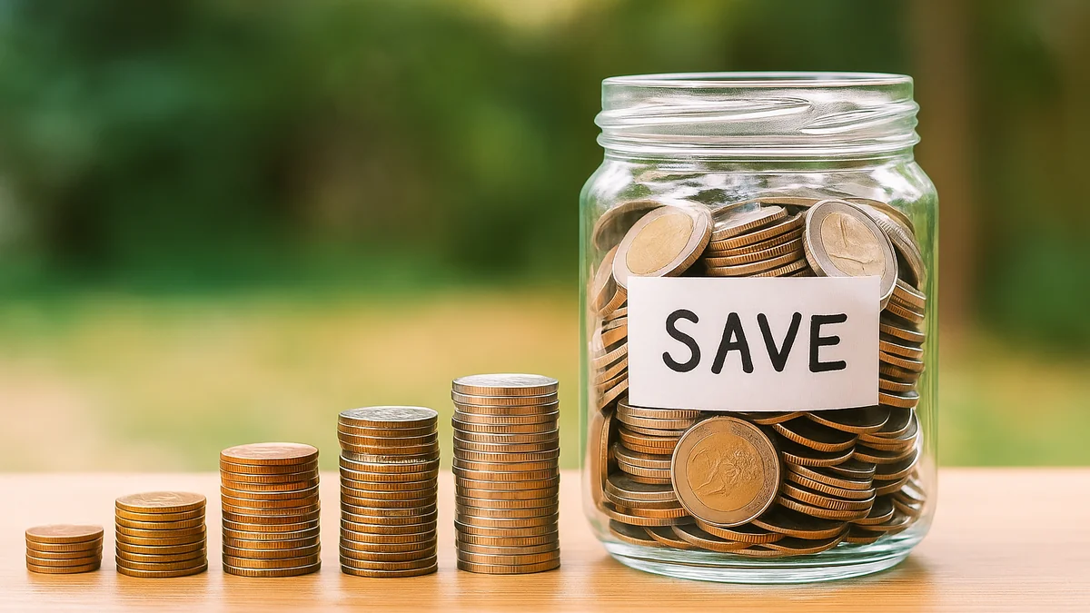 Cum economisești inteligent chiar și cu un salariu mic – 7 reguli simple pentru finanțele tale 1 Borcan transparent plin cu monede, simbol al economisirii inteligente și al gestionării financiare personale