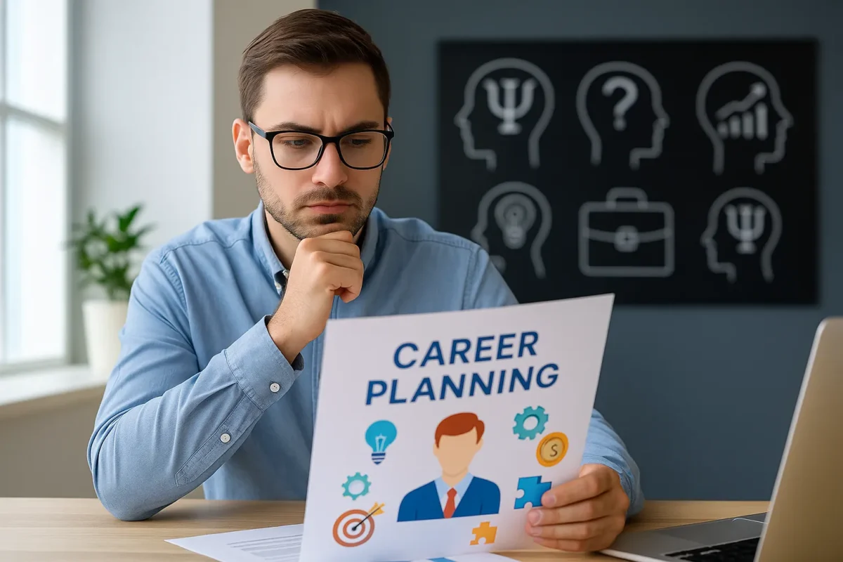 Tânăr concentrat analizând opțiuni de carieră, simbolizând procesul de autocunoaștere și alegerea meseriei potrivite în funcție de personalitate.