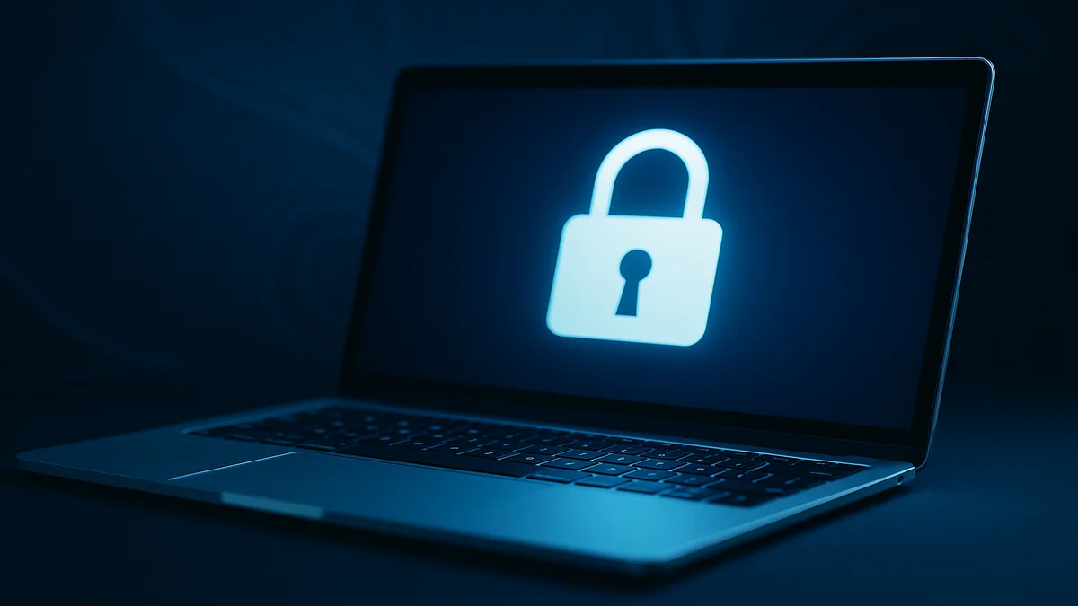 Laptop cu simbol de lacăt pe ecran, ilustrând protejarea conturilor online și siguranța datelor personale.