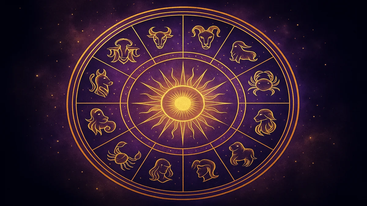 Ilustrație digitală cu cerc zodiacal și simboluri aurii ale celor 12 zodii, pe fundal cosmic violet.