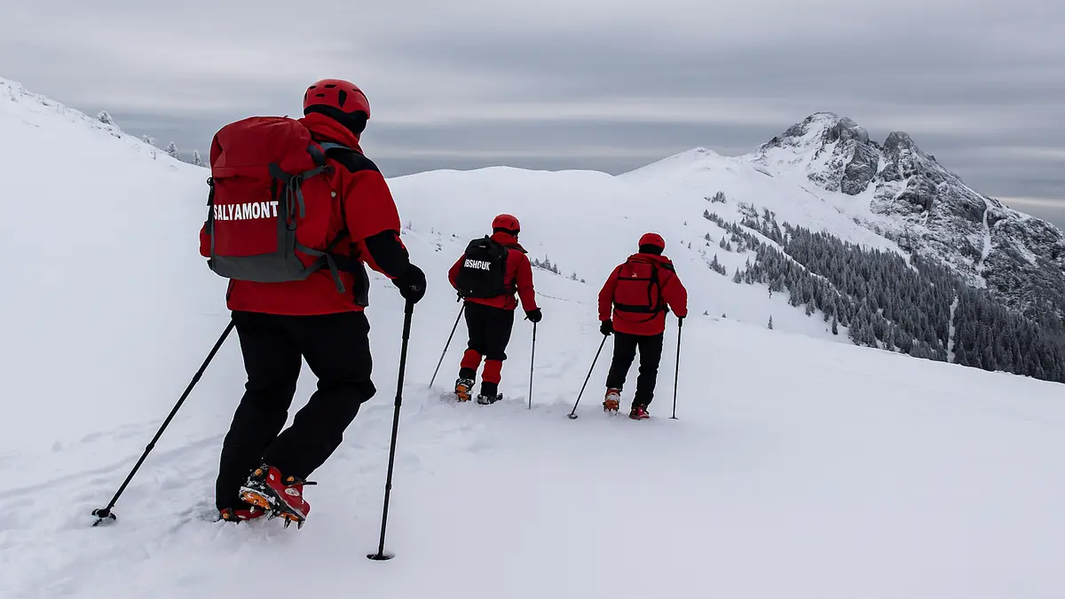 Trei salvamontiști traversează o zonă montană acoperită de zăpadă, în timpul unei misiuni de salvare la altitudine.
