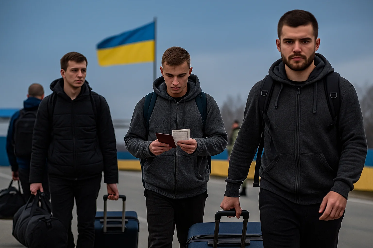 Tineri ucraineni cu bagaje la frontieră, simbol al plecărilor masive după modificarea regulilor de ieșire impuse de autoritățile din Kiev.