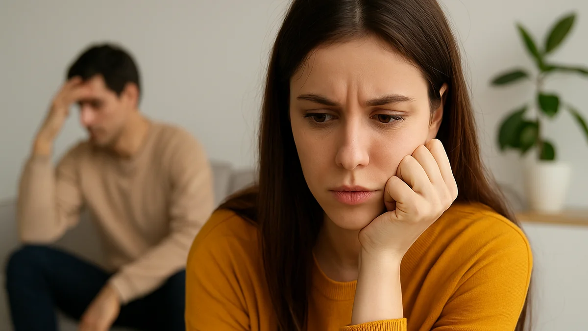 De ce atragi același tip de oameni – explicația psihologică a tiparelor relaționale și cum poți rupe cercul 2 Femeie gânditoare, bărbat în fundal, simbol al tiparelor relaționale și al conflictului emoțional.