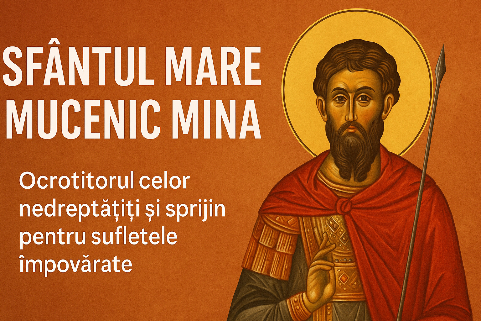 Icoană reprezentând pe Sfântul Mare Mucenic Mina, în stil bizantin, cu halo auriu și mantie roșie, alături de textul „Sfântul Mare Mucenic Mina – Ocrotitorul celor nedreptățiți”