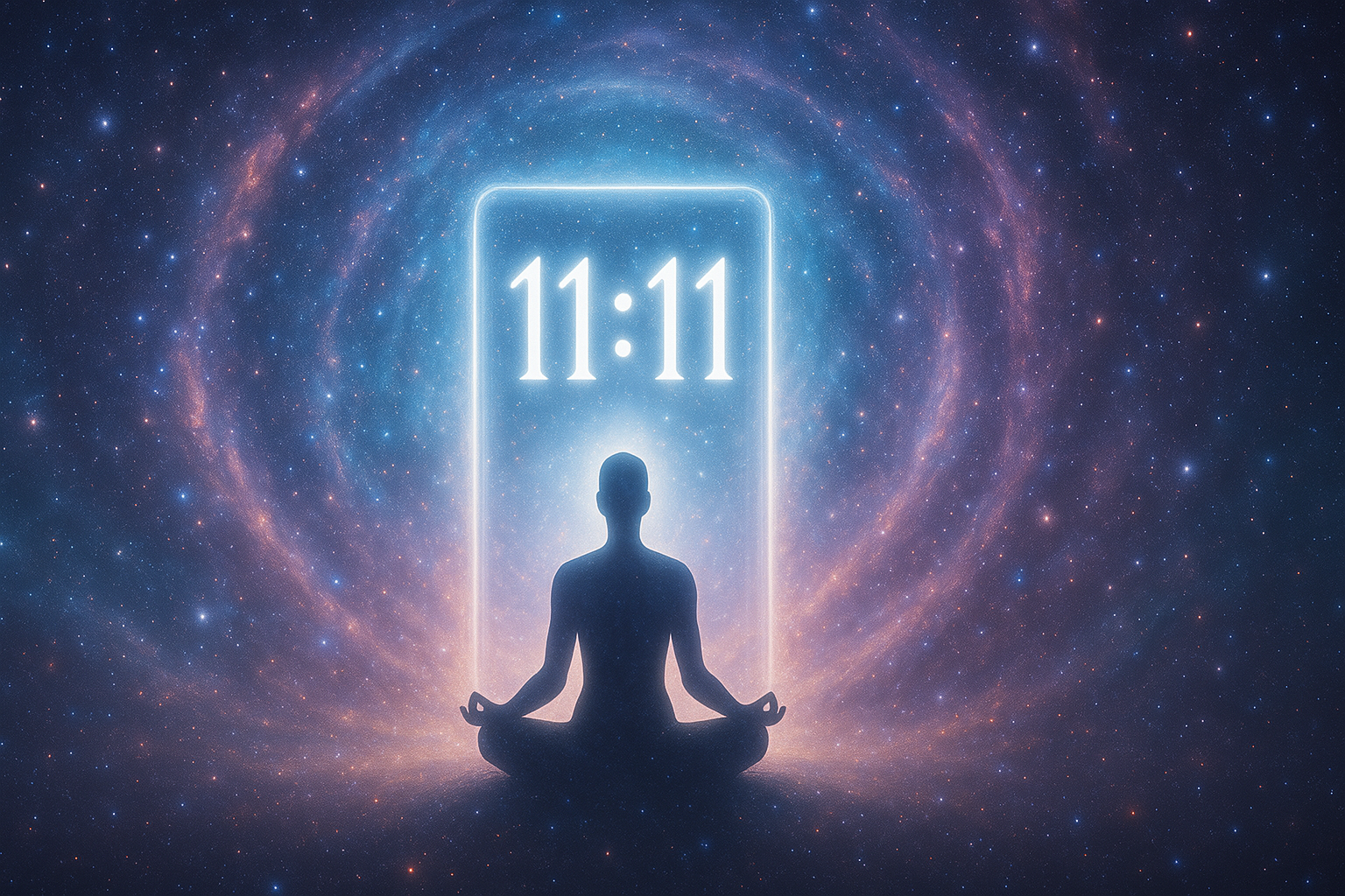 Siluetă meditând în fața unui portal luminos 11:11 într-un fundal cosmic plin de stele.